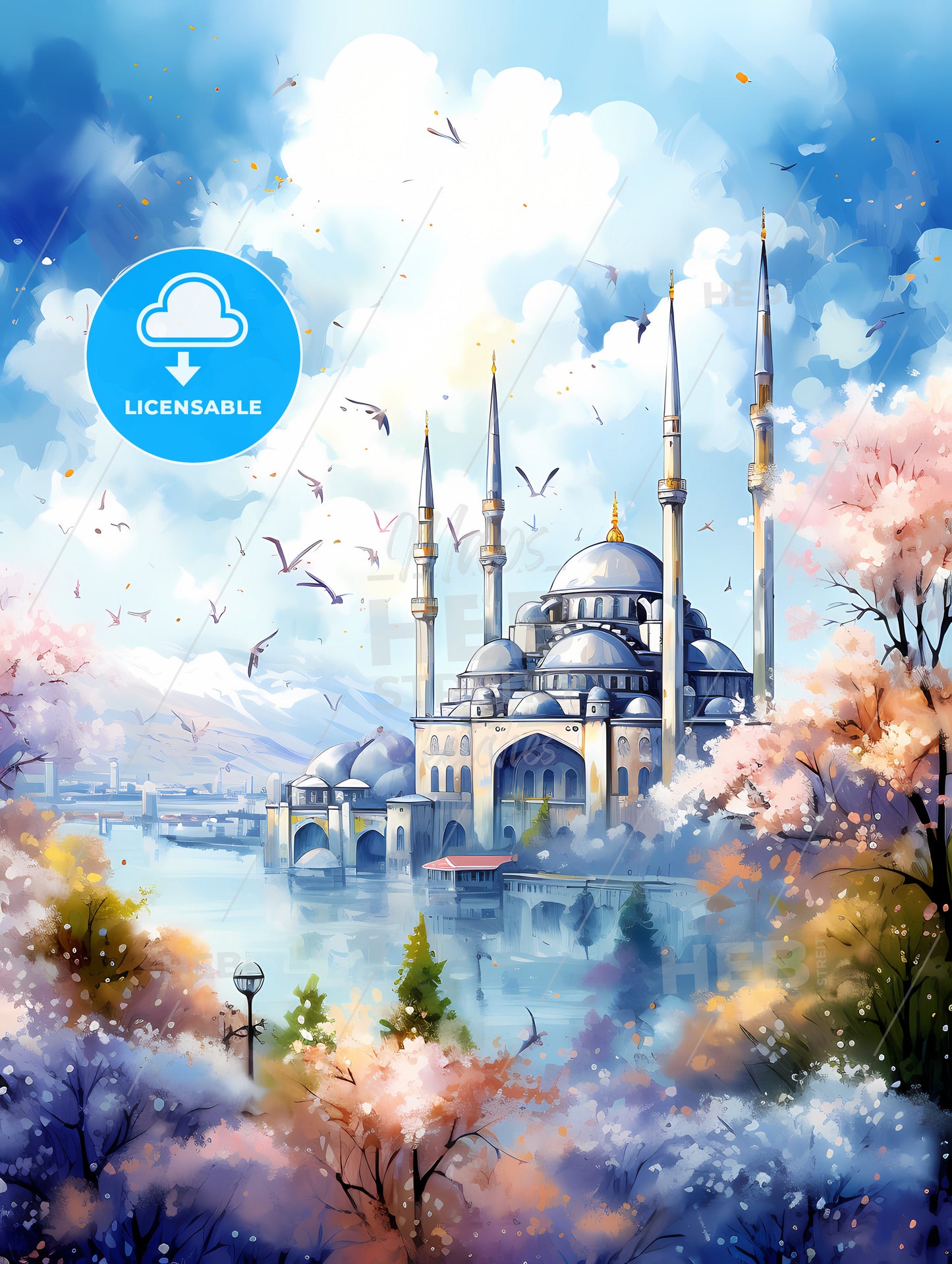 A Painting Of A Building With Towers And A River And Birds Flying