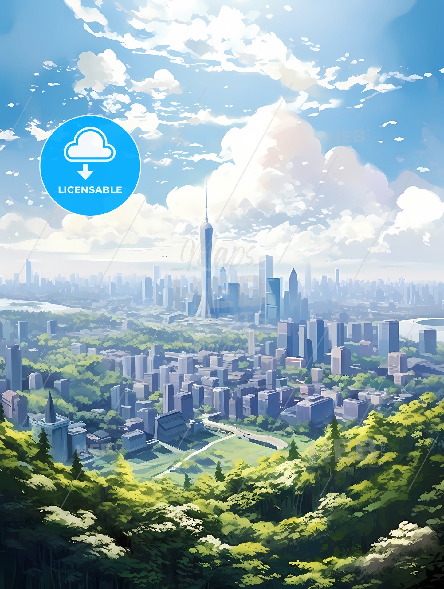 A City Landscape With Trees And A Tall Tower