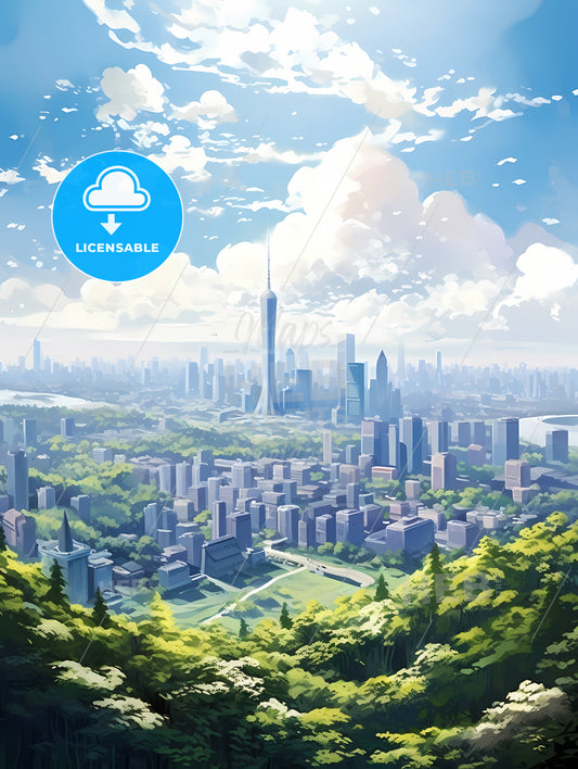 A City Landscape With Trees And A Tall Tower