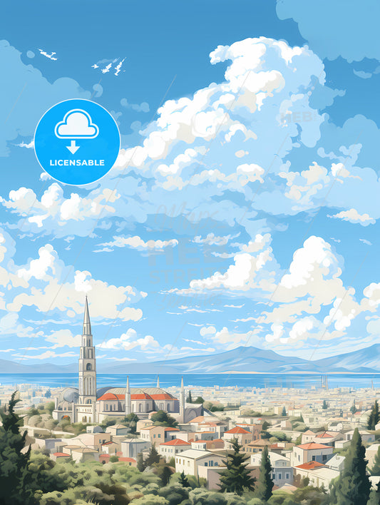 A City With A Tower And A Large Building