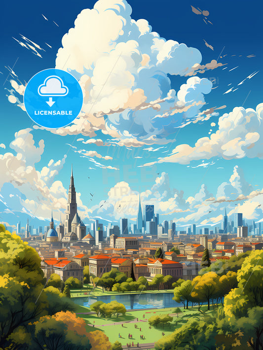 A City With Trees And A Lake