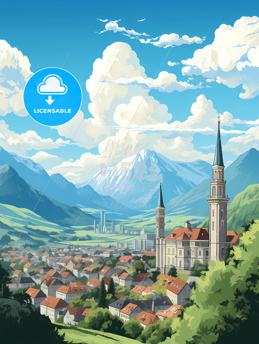 A Town With A Tower And Mountains In The Background