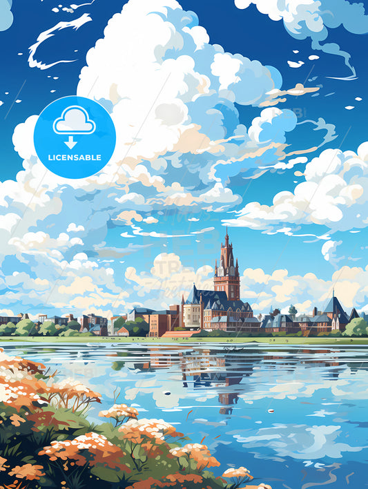 A Water Body With A Castle And Flowers And Clouds In The Sky
