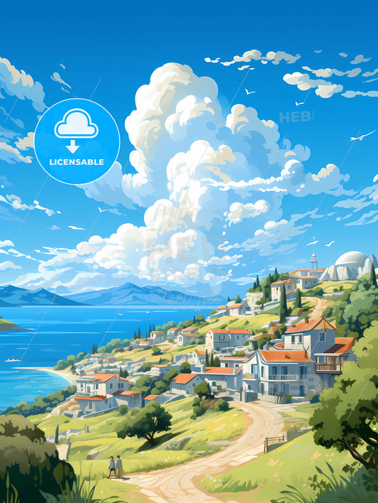 A Landscape Of A Town On A Hill With Trees And A Body Of Water