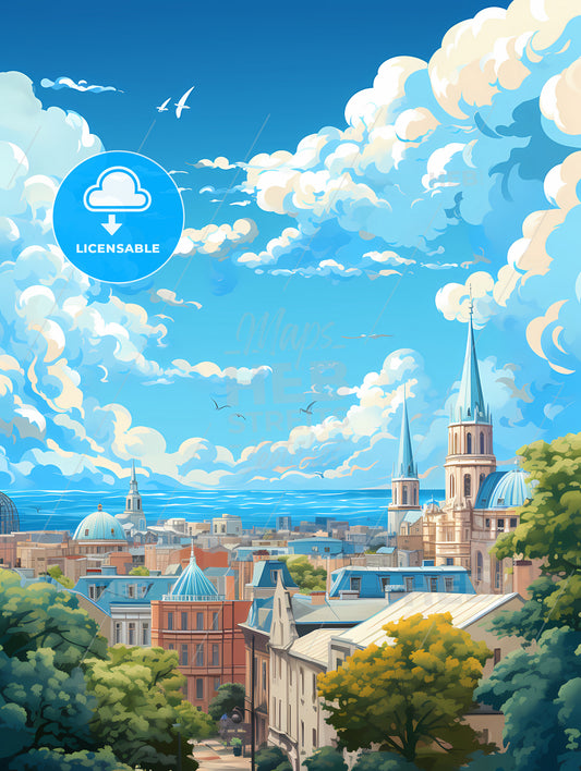 A City With A Blue Sky And Clouds