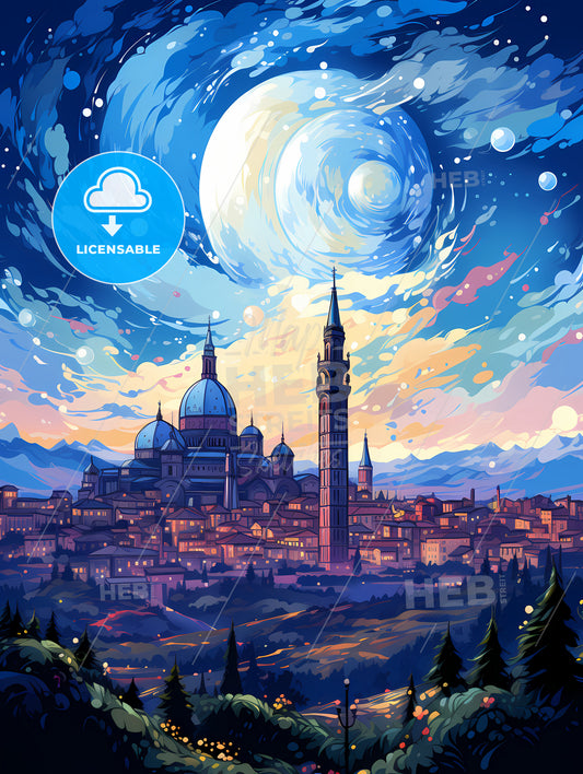 A City With Towers And Trees In The Background