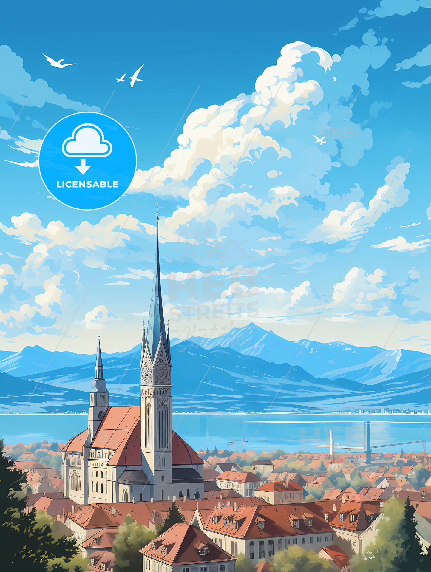 A Building With A Steeple And A City With A Body Of Water And Mountains