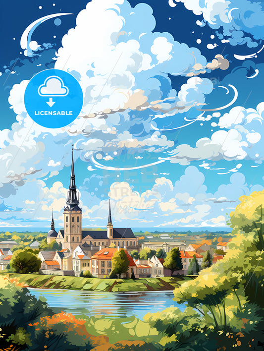 A Landscape Of A Town With A Lake And Trees