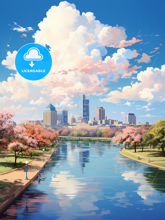 A River With Trees And A City In The Background