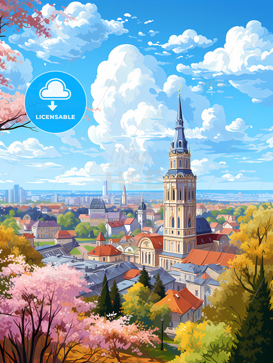 A City With A Tower And Trees