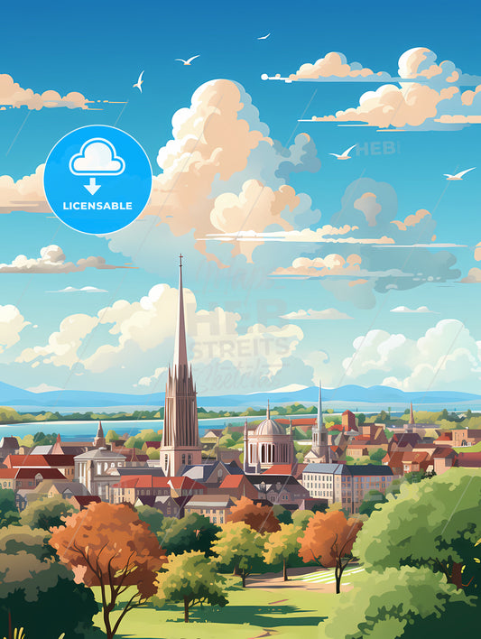 A City With Trees And A Tower