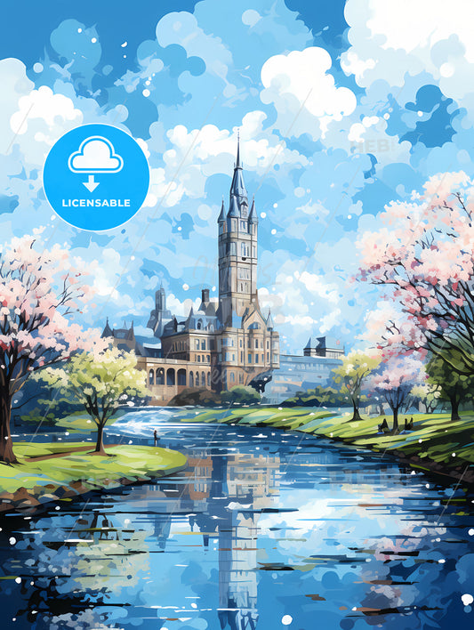 A River With Trees And A Castle In The Background