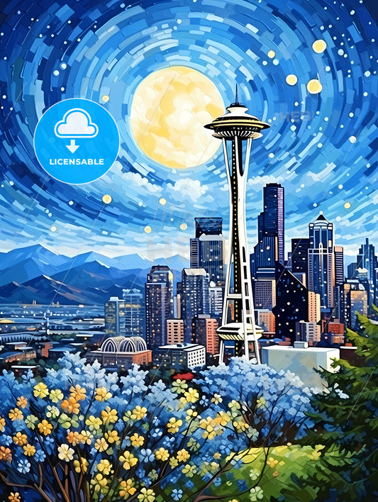 A Painting Of A City With A Tall Tower And A Full Moon