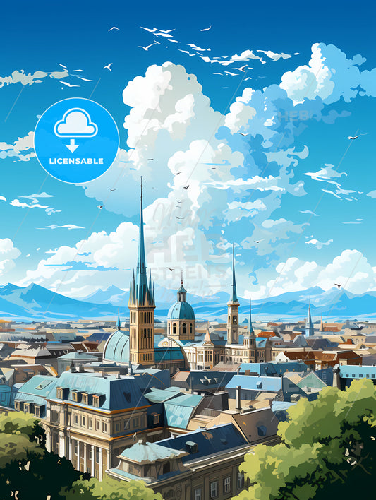 A City With A Steeple And Mountains In The Background