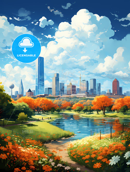 A River With Orange Flowers And A City In The Background