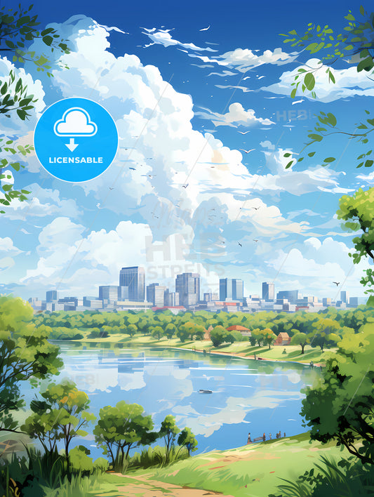 A Cityscape With Trees And A Lake