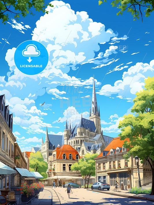 A City With A Church And Trees