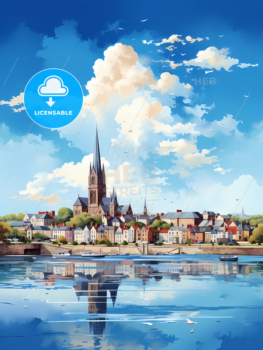 A City With A Church And A Body Of Water