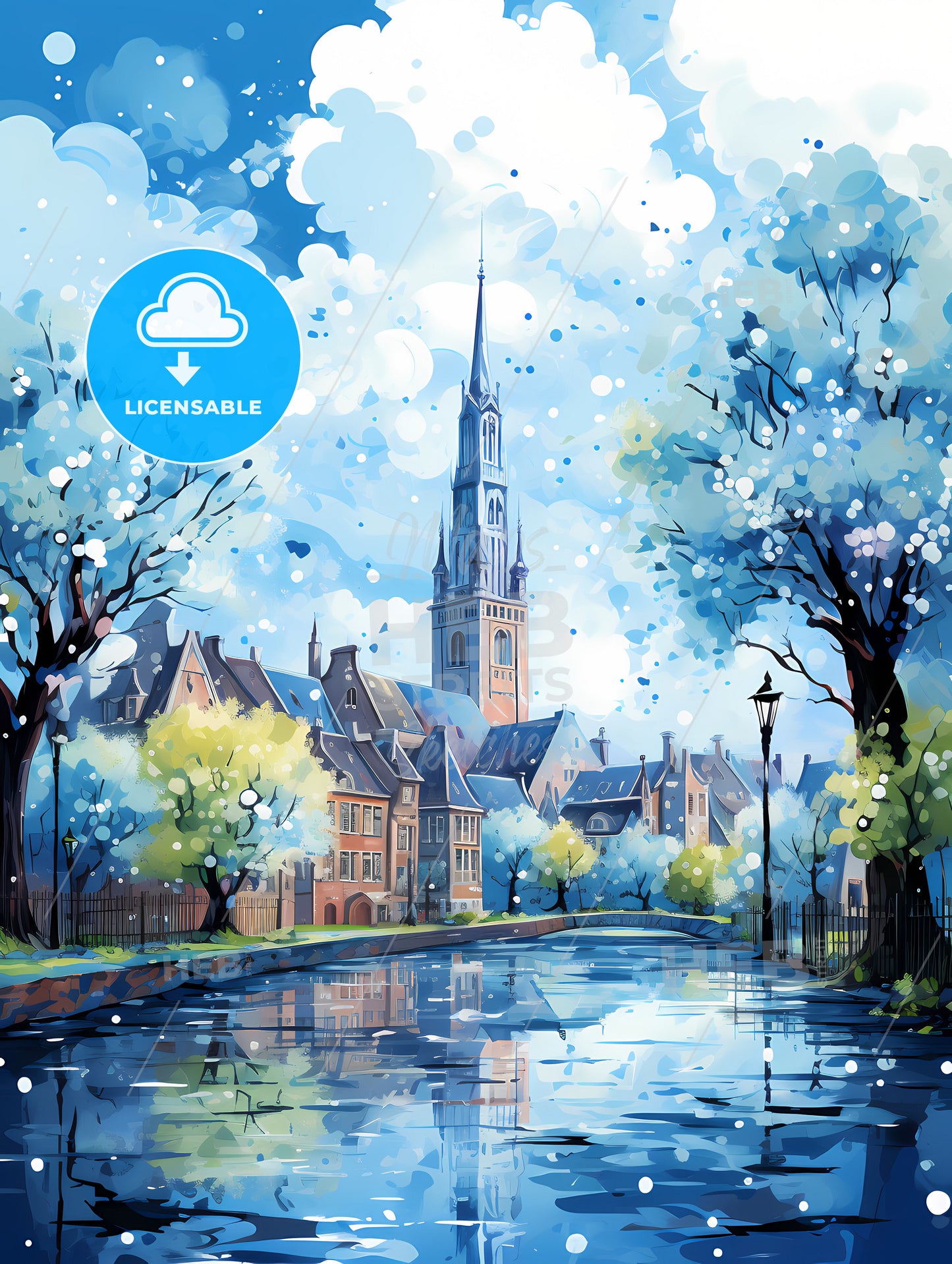 A Water Way With Trees And A Church Tower