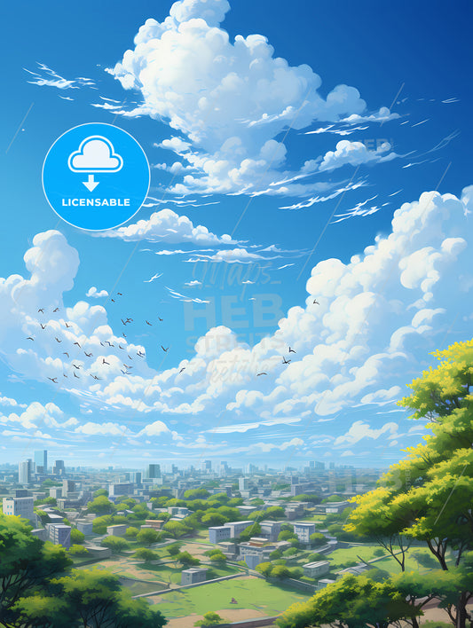 A Landscape Of A City With Trees And Birds Flying Over It