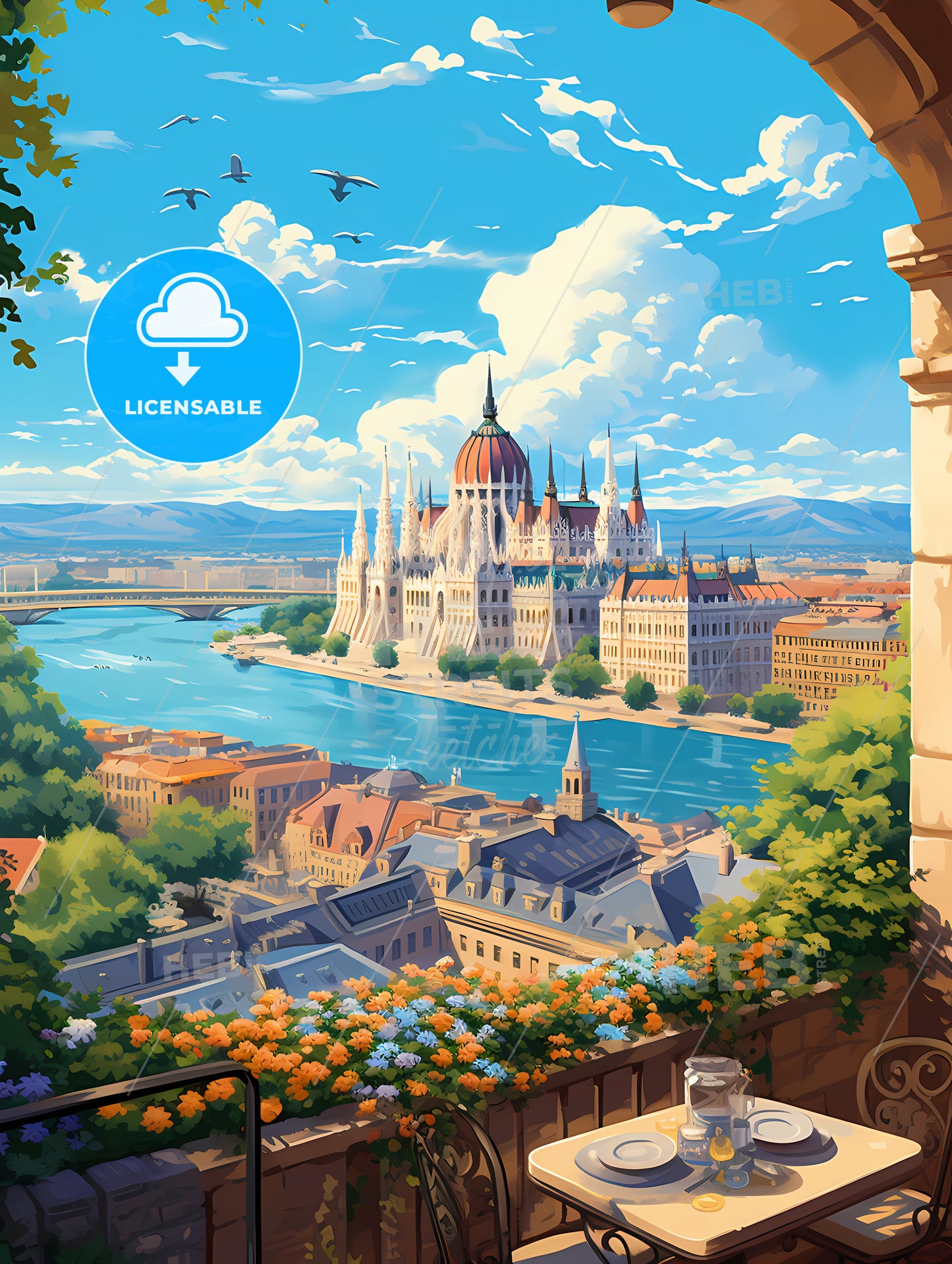 A Castle With A River And Birds In The Sky