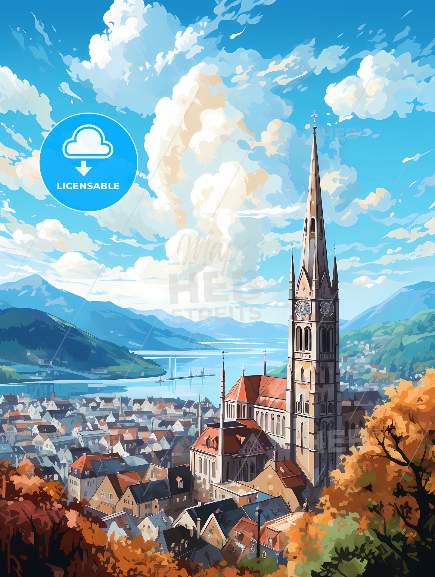 A Church With A Clock Tower And A City And Mountains