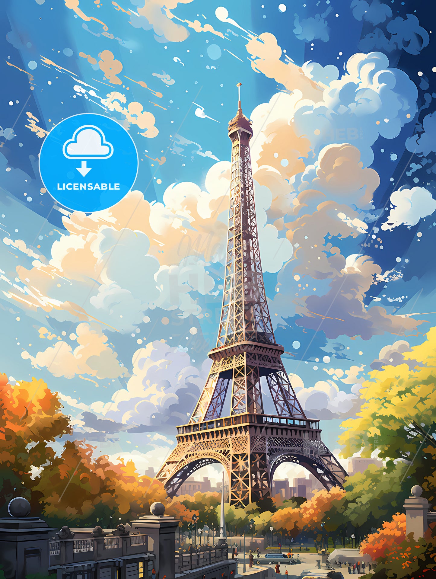 Eiffel Tower With Trees And Clouds In The Sky