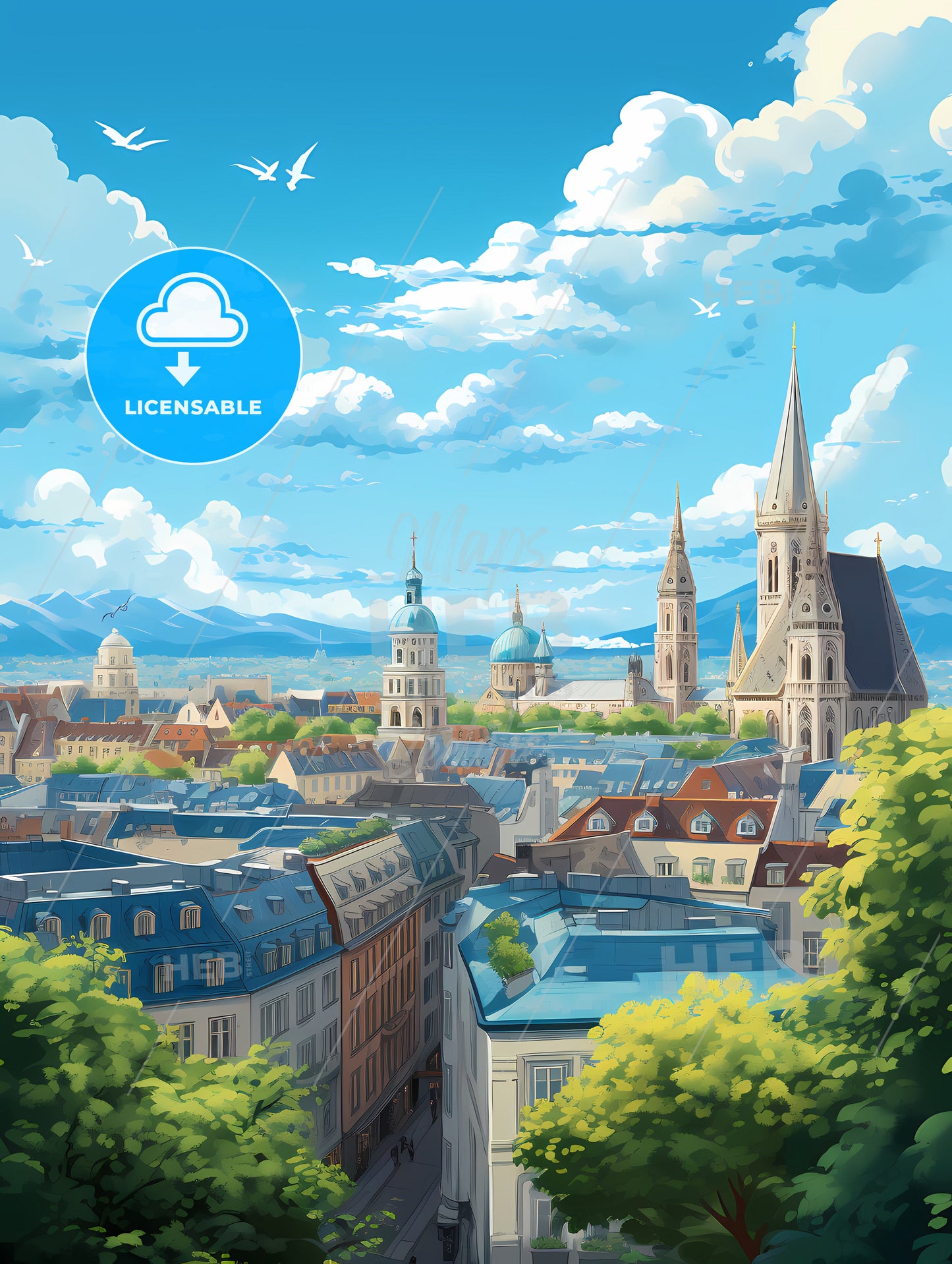 A City With Many Buildings And Trees