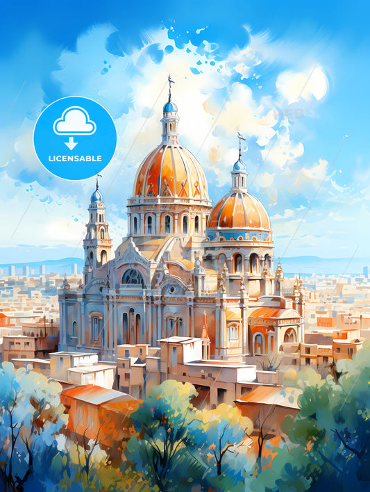 A Large Building With A Dome And A City In The Background