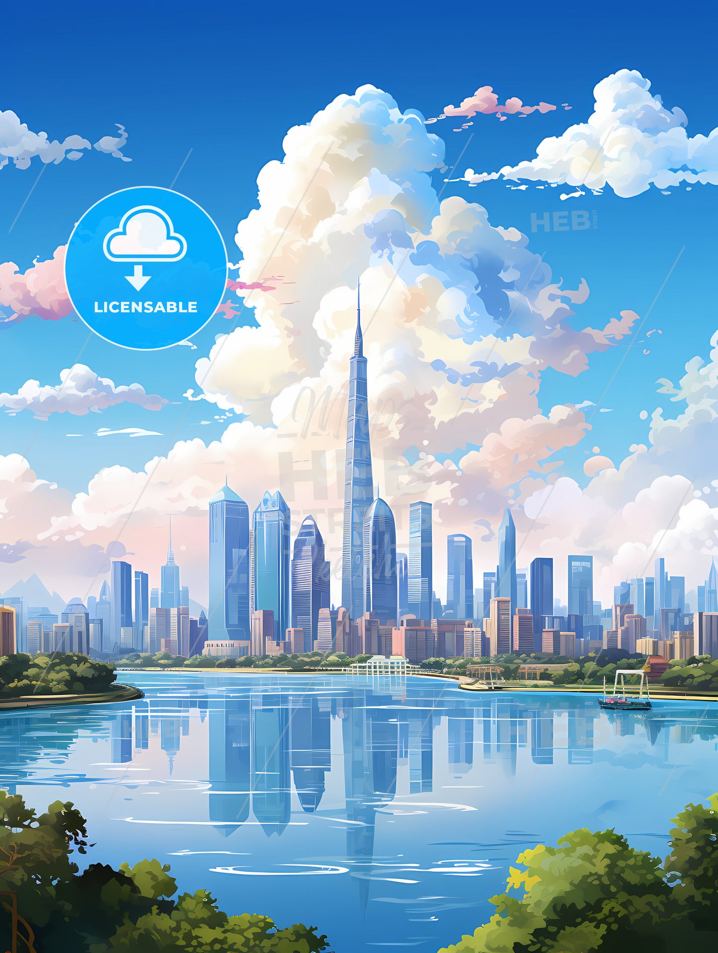 A City Skyline With A Body Of Water And Clouds