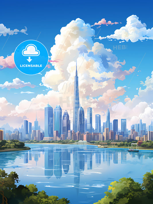 A City Skyline With A Body Of Water And Clouds