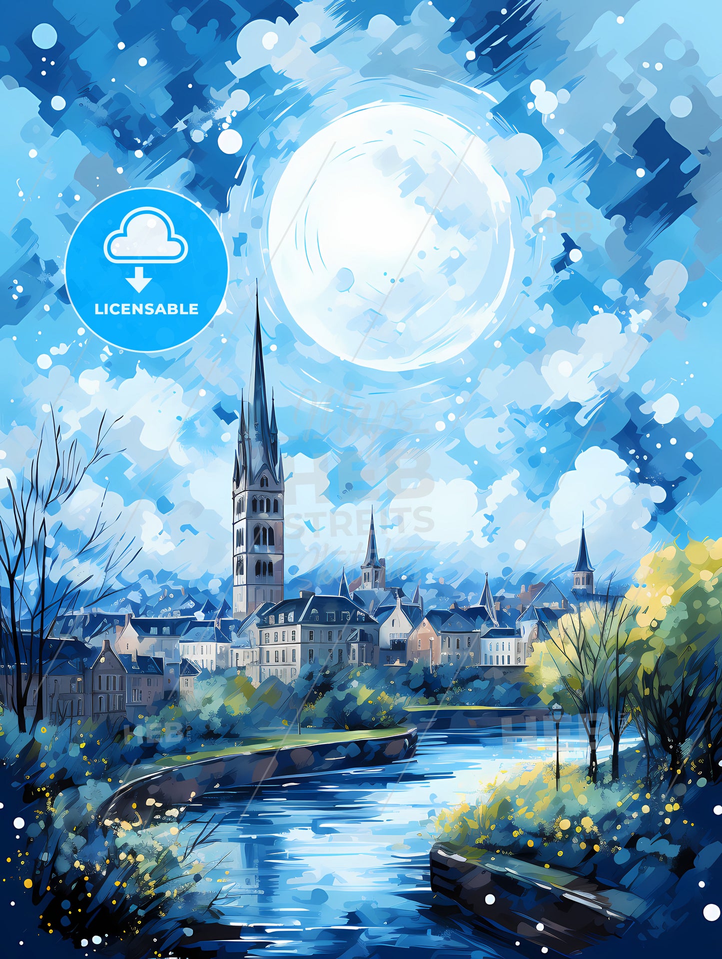 A Painting Of A City With A River And A Large Moon