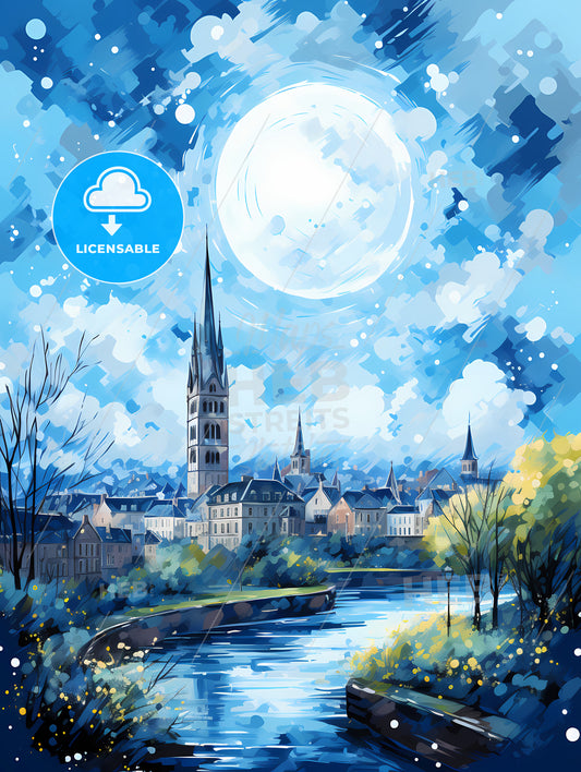 A Painting Of A City With A River And A Large Moon