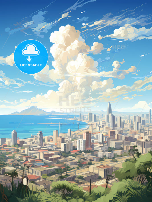 A Cityscape With Trees And A Body Of Water