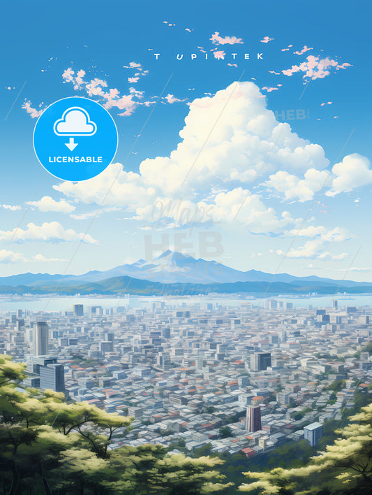 A City With A Mountain In The Background