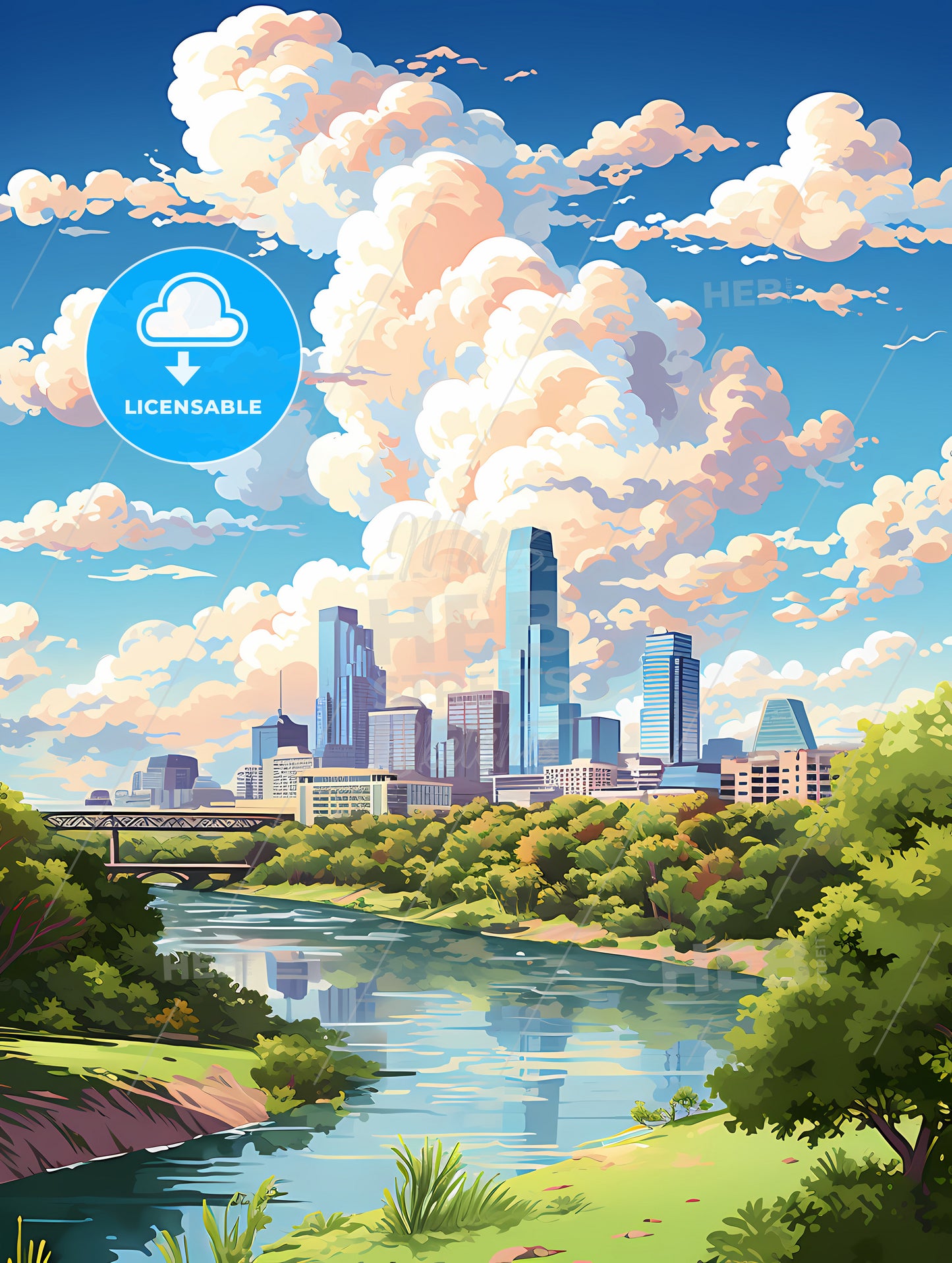 A River With Trees And A City In The Background