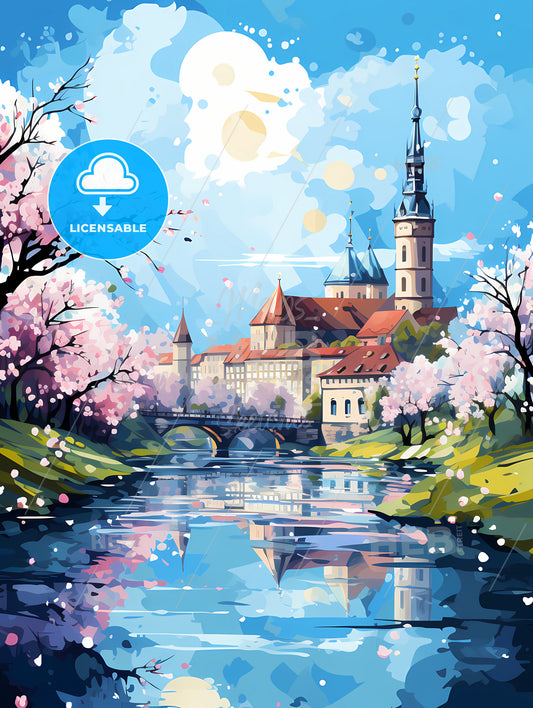 A River With A Bridge And A Castle