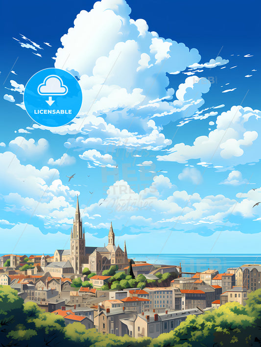 A City With A Church And A Body Of Water