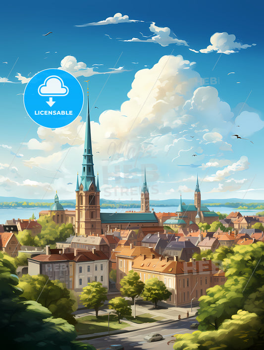 A City With A Tall Spire And Trees