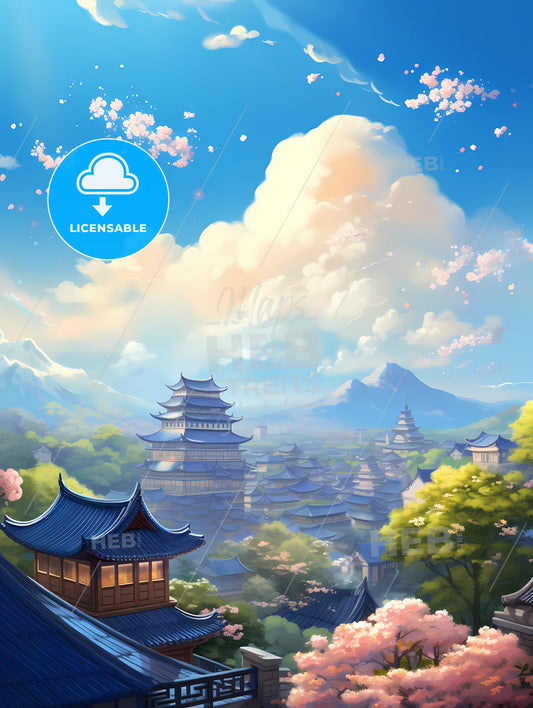 A Landscape Of A City With Buildings And Trees