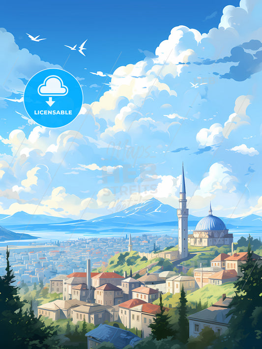 A Landscape Of A City With A Blue Sky And Clouds
