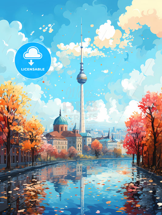 A Water Way With Trees And A Tower In The Background