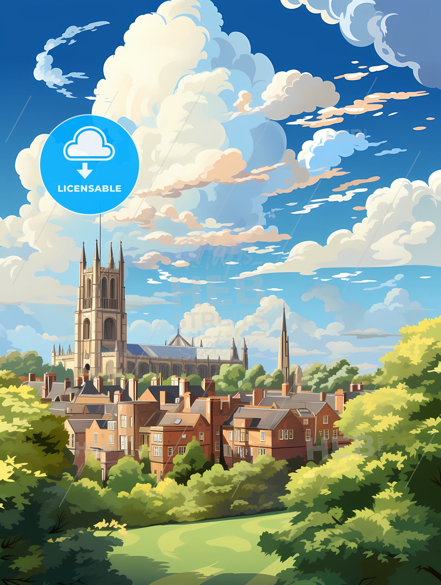 A City With A Church And Trees