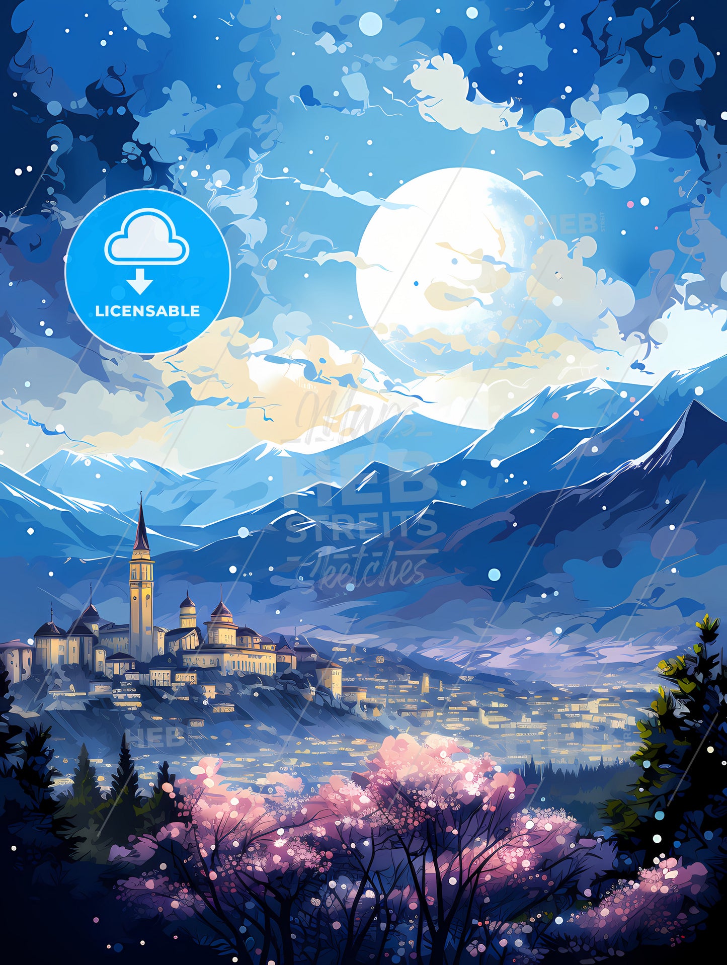 A Landscape Of A Town With A Castle And Mountains