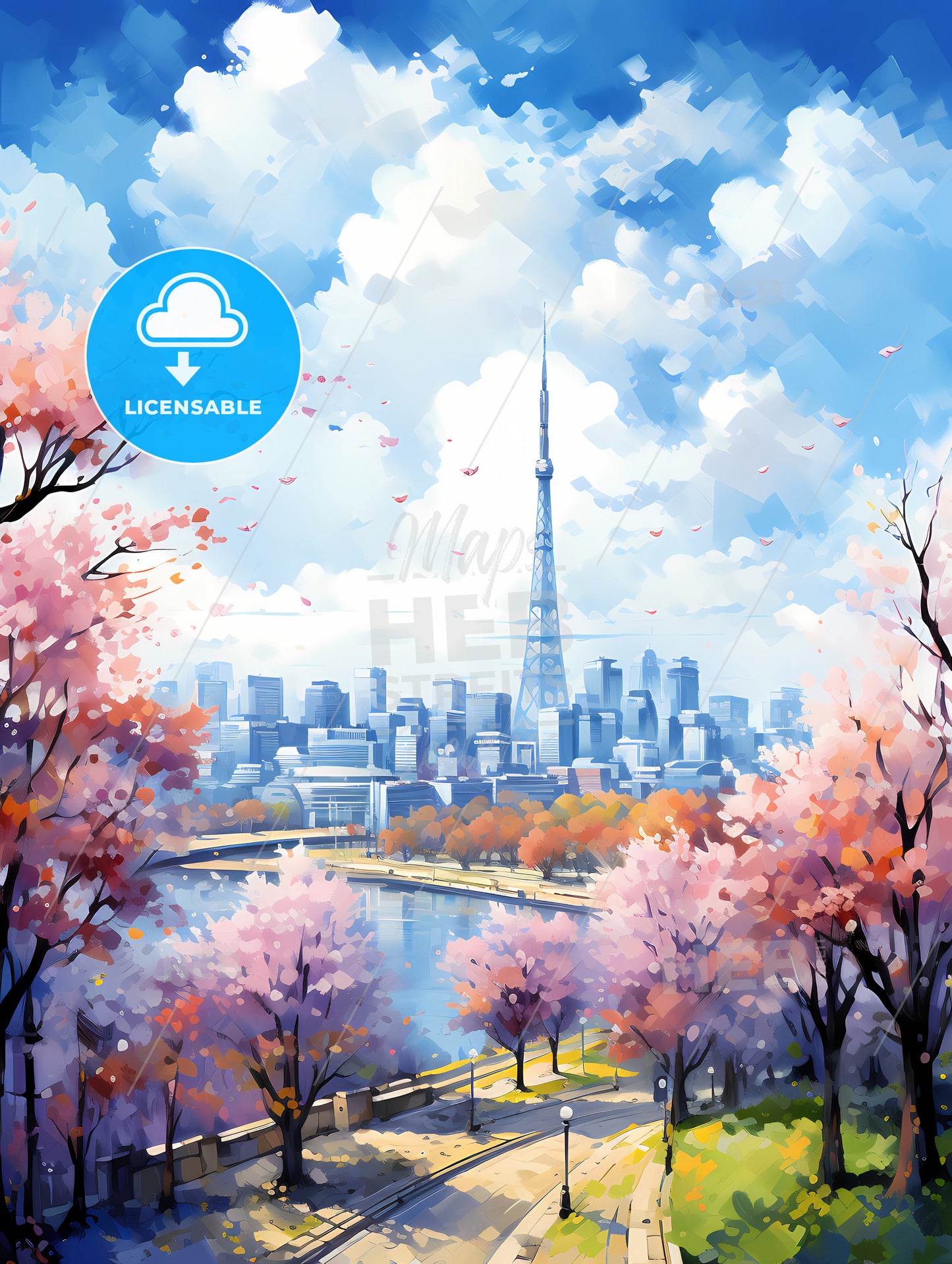 A Cityscape With A Tower And Water