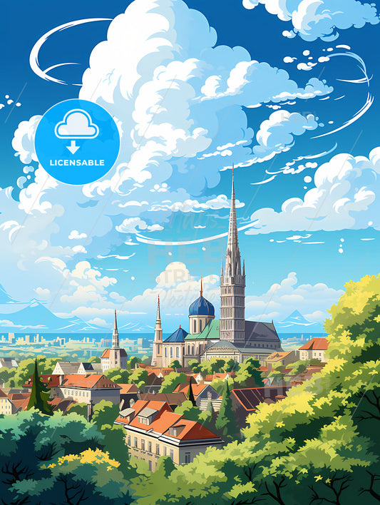 A City With A Tower And Trees