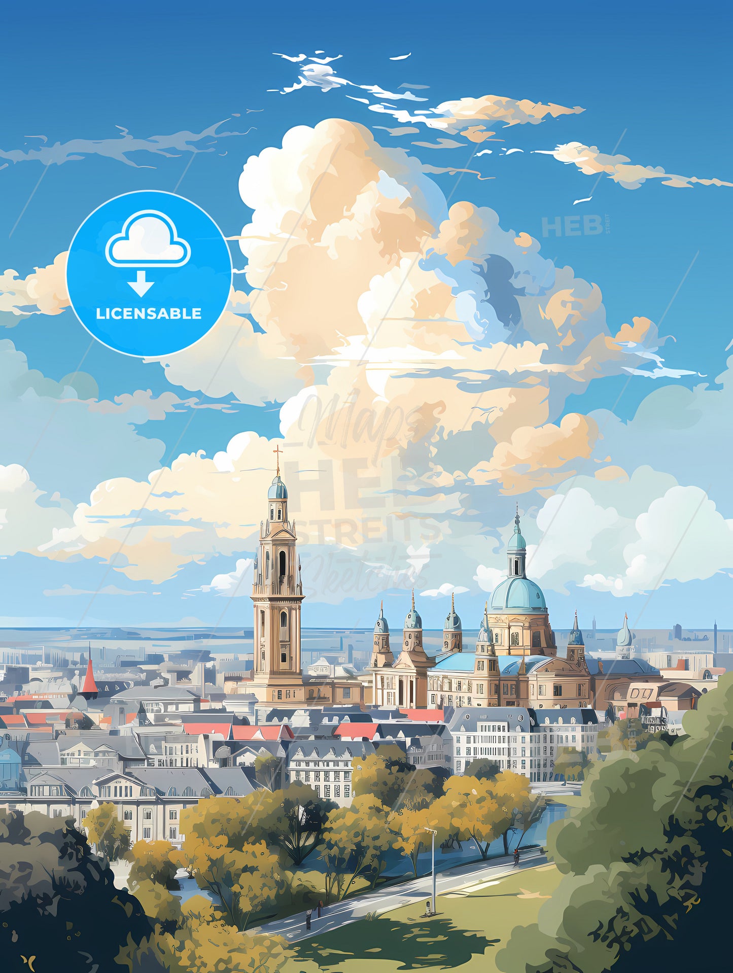 A City With A Large Tower And Trees