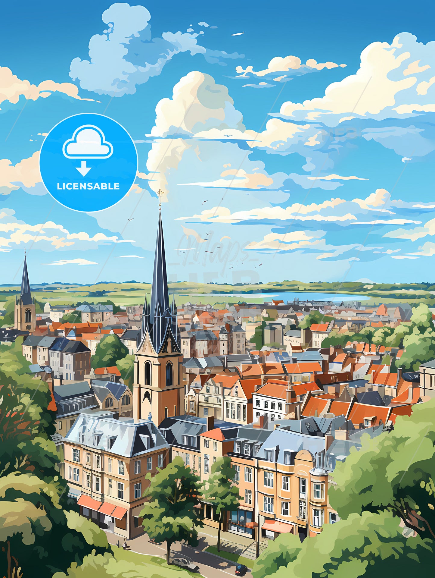 A City With A Steeple And Trees