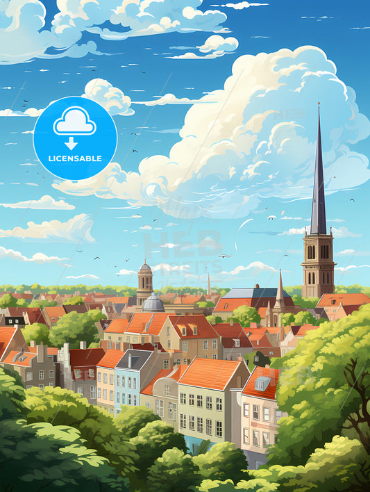 A City With A Tall Spire And Trees