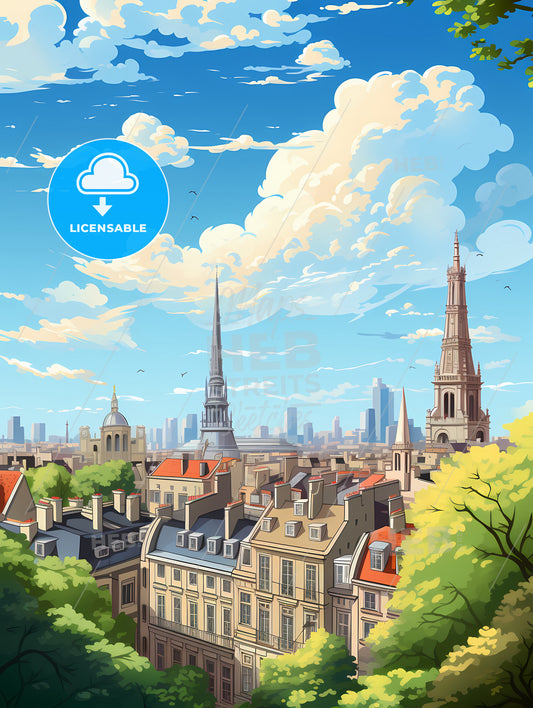 A City With Many Buildings And Trees